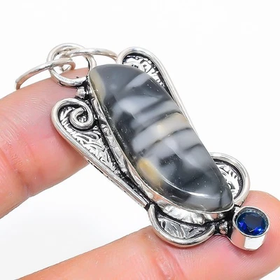 Maligano Diaspro, Topazio Blu Gemma 925 Argento Sterling Ciondolo Gioielli 5.9cm - Immagine 1 di 4