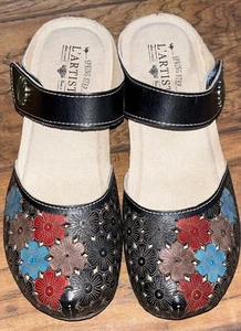 Spring Step L'Artiste Spikey 6.5/37 Black Flowers Leather Sandals Mules Clogs - Picture 1 of 5