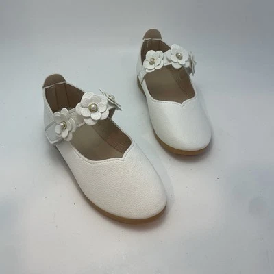 Zapatos planos elegantes con correa de perlas y flores blancas para niñas talla 13 EE. UU. Foto 1 de 4