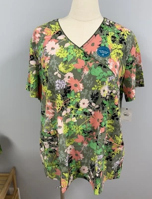 NWT Cherokee Scrub Top XL Botanical In Bloom Mock Wrap Scrubs Green Peach Floral - Image 1 of 4