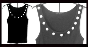 BLACK STRETCH TANK with FAUX PEARL CABOCHONS - Size Small - Picture 1 of 4