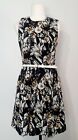 Cue Size 8 Black, White & Gold Floral Sleeveless Belted Fit And & Flare Dress