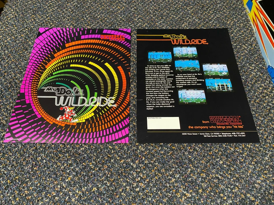 2 UNIVERSAL  FACTORY ORIGINAL 1984 MR DO'S WILD RIDE VIDEO GAME PROMO FLYERS  - Image 1 of 1