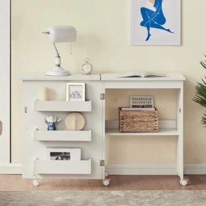 Folding Sewing Table, 2-in-1 Rolling Craft Table with Storage Shelves - Picture 1 of 13