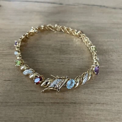 "Brazalete de múltiples piedras preciosas de plata de acero en tono dorado 7,5"" topacio amatista citrino" Foto 1 de 4