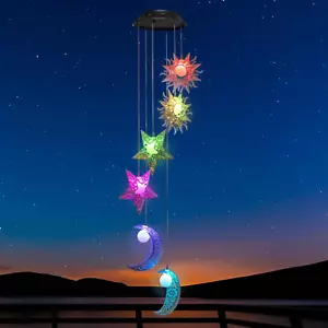 Solar Wind Chimes - Color Changing Sun Moon Star Hanging Lights Garden Decor - Picture 1 of 9