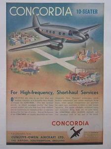 5/1947 PUB CUNLIFFE-OWEN AIRCRAFT LIMITED CONCORDIA AIRLINER ORIGINAL AD - Imagen 1 de 2