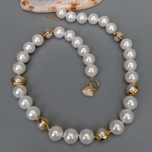 14mm White Sea Shell Pearl Cultured White Pearl Electroplated Necklace 22" - Picture 1 of 5