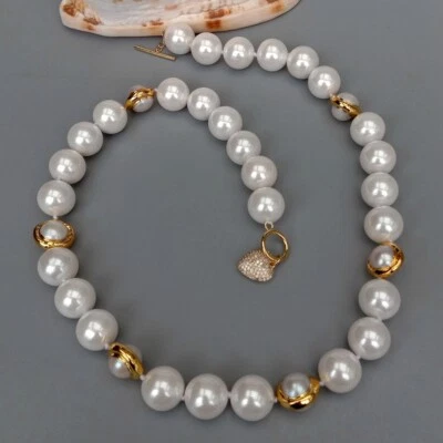 14mm White Sea Shell Pearl Cultured White Pearl Electroplated Necklace 22" - Image 1 of 4