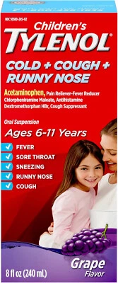 Tylenol infantil frio + tosse + nariz escorrendo, líquido de uva, fl oz 8 - Imagem 1 de 4
