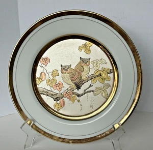 Chockin Art Owls on A branch Porcelain Plate 24K Gold Trim Signed - Picture 1 of 9