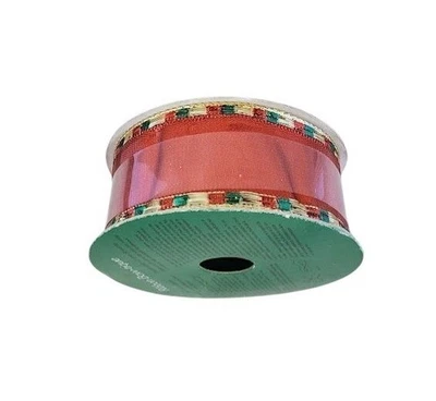 Vintage Metallic Red Wired Edge Ribbon 30ft – Gold Plaid Trim Holiday Craft Roll - Image 1 of 4