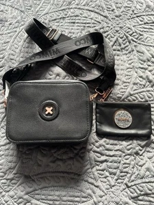 Mimco Black Leather Cross Body Bag With Webbing Strap & Purse - Picture 1 of 7