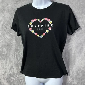 PINK Victoria’s Secret Love Pink Floral Heart T-Shirt Women’s Size Small Black - Picture 1 of 9