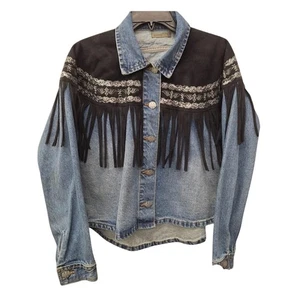 Giacca donna piccola vintage denim frange western ricamata festival - Foto 1 di 4