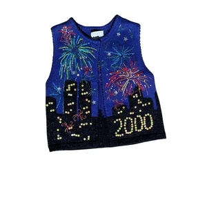 Gilet vintage Susan Bristol Y2K Millennium fuochi d'artificio 2000 maglia perline taglia S - Foto 1 di 10