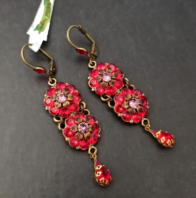 Pendientes Michal Negrin Cristales Rojos Brillantes Declaración Flores Largas Cóctel Regalo Foto 1 de 4