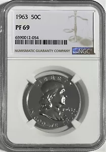 1963 P NGC PF69 SILBERPROOF BEN FRANKLIN HALBER DOLLAR 50c 90 % SILBER WEISS ETIKETT - Bild 1 von 3