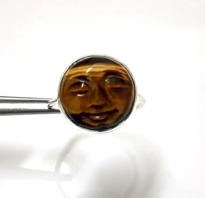Natural Face Tiger Eye 925 Sterling Silver  Moon Face Ring, Valentine Gift - Image 1 of 4