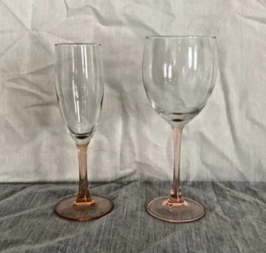 2 Antique 1930's Pink and Clear Depression Glass WINE & CHAMPAGE 8" Goblets - Picture 1 of 1