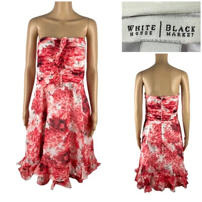 Vestido para mujer White House Black Market 10 rojo blanco 100 % seda sin tirantes floral Foto 1 de 4