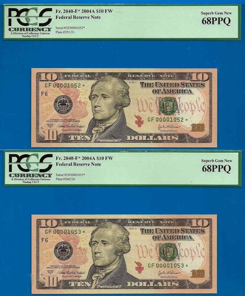 2004A $10 FRN Atlanta star PCGS 68PPQ low serial 2 consecutive stars Fr 2039-F* - Image 1 of 3