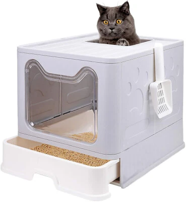 Top Exit Cat Litter Box with Tray Foldable Large Kitty Litter Boxes Toilet Clean