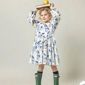 Pink Chicken Girl Charlie Dress Blue Horses - Picture 1 of 15