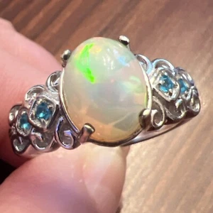 Anello Designer D'Joy Sterling 925 Autentico Opale e Pietra Preziosa Apatite Blu Taglia 10 - Foto 1 di 15