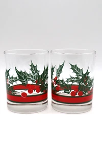 2 Vtg Libbey Holly & Berries Christmas Cocktail Glasses Old Fashioned Tumblers - Picture 1 of 5