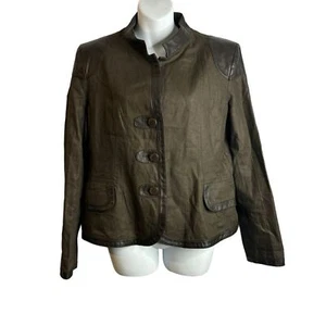 Vintage Armani Collezioni Brown Linen Jacket Lamb Skin Leather Trim - Picture 1 of 13