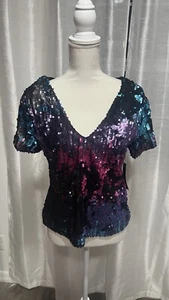 New NWT Venus Reversible Direction Sequin Top Peacock Pink Aqua Purple Shirt 6 - Picture 1 of 4