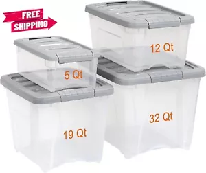 Plastic Storage Bins with Lids, Stackable, 5 Quart, Clear/Grey, Set of 10 - Picture 1 of 7