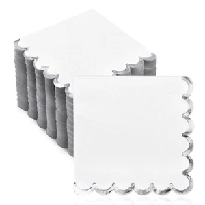 200 Pack White and Silver Paper Napkins Scalloped Cocktail Napkins White Disp... - Picture 1 of 7
