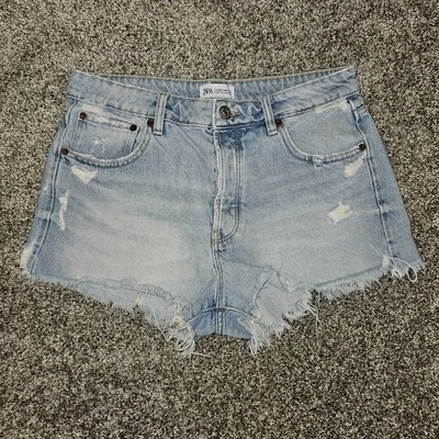 Pantalones Cortos ZARA Denim Lavado Ligero Corte Envejecido Botón Mosca Talla 8 Foto 1 de 4