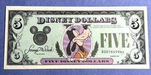 Disney World Disney Dollars, Goofy $5 Series 1987 Series Crisp UNC 164596 - Picture 1 of 2