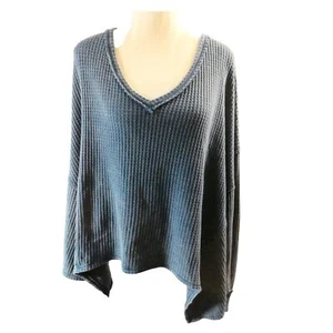 We The Free Women's Large Blue Waffle Print Top Long Sleeve V-Neck Oversized - Picture 1 of 6