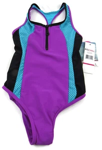 Big Chill Girls 1 Piece Racerback Swimsuit Purple Black 50 UV Protection Size 4 - Picture 1 of 9
