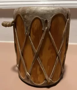 Rustic Native American Rawhide Log Drum 7 “ high x 5 “ Wide. Pre-owned. - Picture 1 of 9