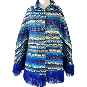 Vintage 70s Hippie Blanket Poncho Blue Gold Metallic Arm holes Fringe Festival - Picture 1 of 12