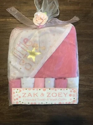 Zak & Zoey Hooded Towel &6 Washcloths Set Pink "Little Star" Gift Set GREAT GIFT - Image 1 of 4