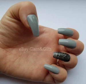 24x Gel Painted Press On False Nails Light Grey Glitter Coffin Stiletto Square - Picture 1 of 5