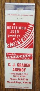 MOUNDRIDGE, KANSAS: AGENCIA DE SEGUROS CJ GRABER AÑOS 60 MATCHBOOK MATCHCOVER -E - Imagen 1 de 1