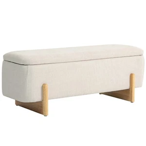 Sitzbank mit Stauraum, Polsterbank mit Leinenoptik, Holzbeine, Creme - Bild 1 von 10