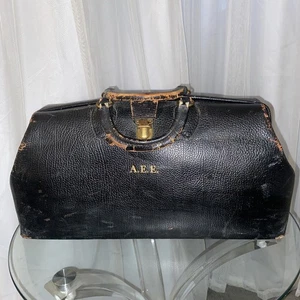Antica borsa medica da medico in pelle nera anni 40 vintage USA pelle bovina spedizione gratuita! - Foto 1 di 14