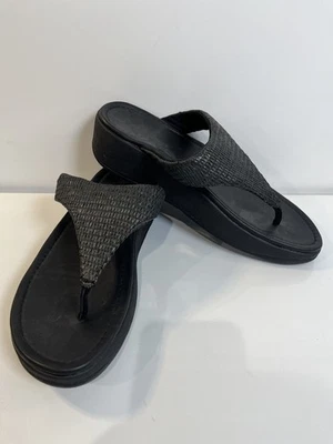 Sandálias tanga FitFlop sapatos femininos tamanho 11 couro preto cesta imogen tecido novo - Imagem 1 de 4