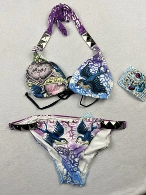 Sinful By Affliction 女式 Y2K 热带比基尼 M 码全新带标签水钻耳钉口音 — 第 1/4 张图片