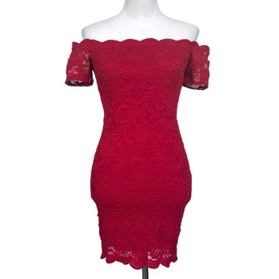 Vestido Bebe Rojo Encaje Mini Floral Bodycon Hombro Descubierto Festoneado Ajustado Talla XS Foto 1 de 4