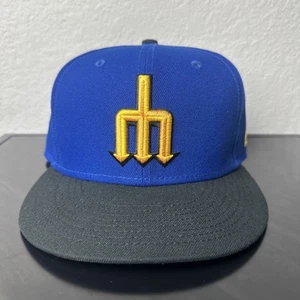 Seattle Mariners Trident Logo New Era Size 7 3/8 59Fifty Fitted Hat Blue - Picture 1 of 6