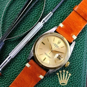 Rolex Mens 1601 Datejust Champagne Dial 36mm YG Fluted Bezel Leather Band Watch - Picture 1 of 5